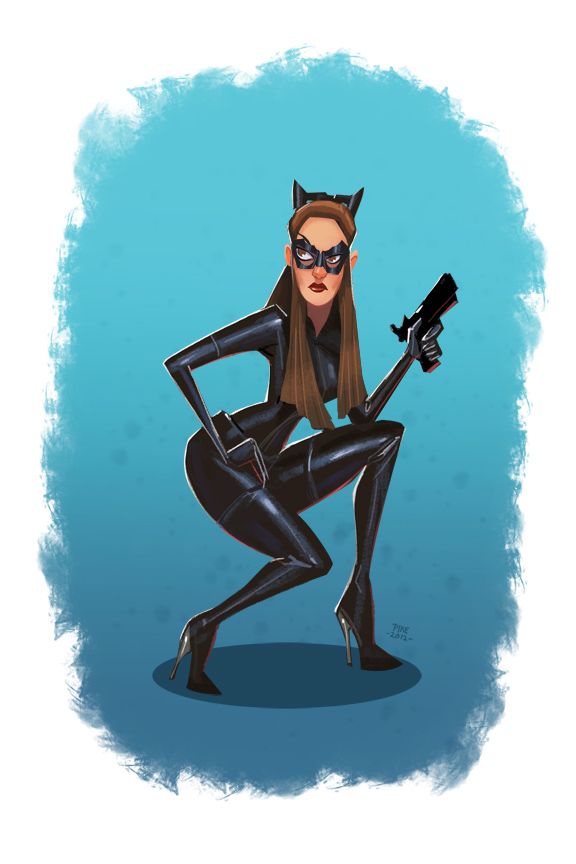 a cartoon illustration of catwoman, resembling anne hathaway's portrayal in "the dark knight rises," crouching with a gun in her hand. she is wearing her signature black catsuit, mask with ears, and boots. the background is a blue gradient with a painted effect.
