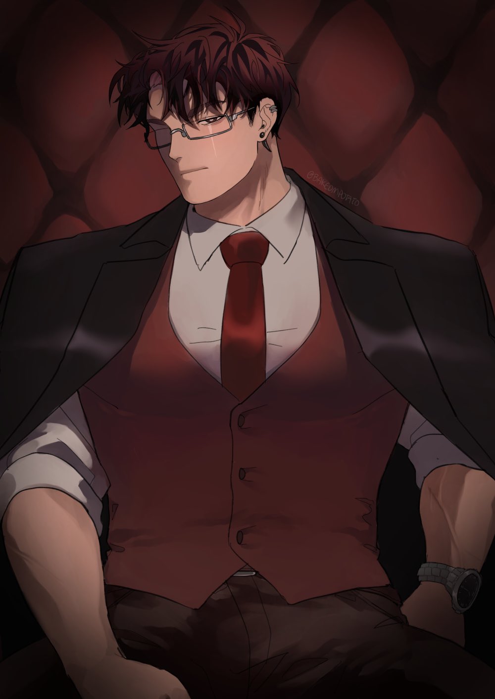 this is a digital illustration of a man in a dark suit, red vest, and red tie. he is sitting in a chair and looking down with a serious expression. he is wearing glasses and has a thoughtful look on his face. the background is a dark red and the image is in a dark, moody style.