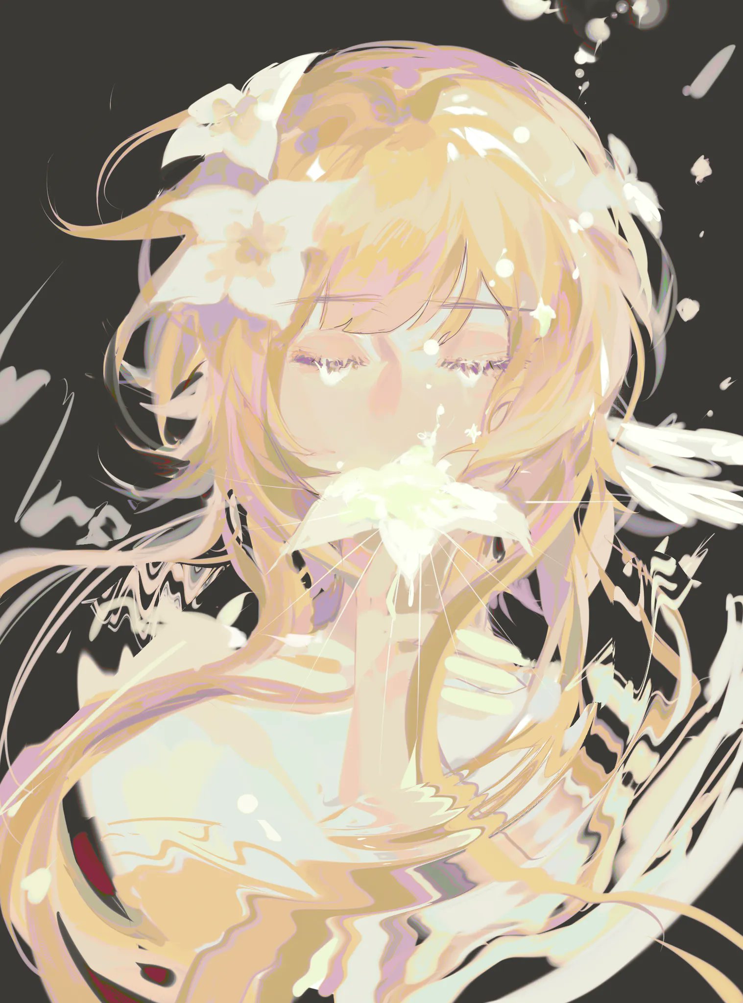 the image is a digital painting or illustration of an animestyle girl with long blonde hair. she is depicted with her eyes closed, appearing to be crying or emotionally distraught.  she wears a crown of white flowers and is surrounded by a swirl of pastel colors and abstract shapes that create a dreamy and ethereal atmosphere.  the style is soft, delicate, and somewhat abstract, using flowing lines and pastel hues to convey a sense of emotion and fragility. the overall mood is melancholic and beautiful.
