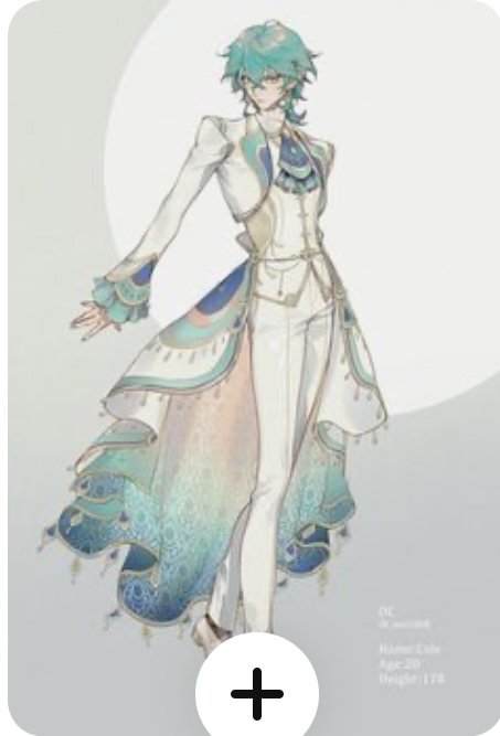 a digital illustration of a young man with green hair, styled in a short bob with a braid, stands against a minimalist gray background with a white circle. he is dressed in an elaborate white suit with teal accents and peacock feather patterns, showcasing a unique and stylish fashion sense. the illustration is drawn in an anime/manga style with a focus on details and soft lighting, highlighting the character's elegant posture and the intricate design of the clothing.