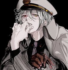 the image is a stylized portrait of a man with white hair, dressed in a white uniform reminiscent of a naval captain. he wears a captain's hat with gold detailing and has striking heterochromia, with one red eye and one yellow eye. the man is depicted smoking, with his hand thoughtfully resting on his chin. the background is black, emphasizing the dramatic lighting and the character's enigmatic expression. the style is reminiscent of anime or manga art.