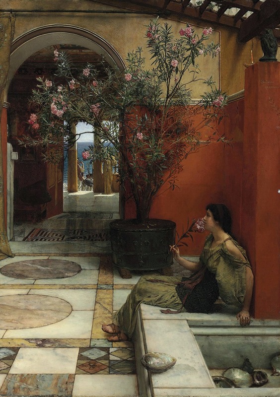 the image is a painting of a woman in a courtyard. the woman is sitting on the edge of a pool of water, and she is holding a flower. there is a tree in a pot next to her. the courtyard is tiled, and there are columns and arches in the background. the sea can be seen in the distance. the painting is by john william waterhouse and is titled "the sweet smell of roses."