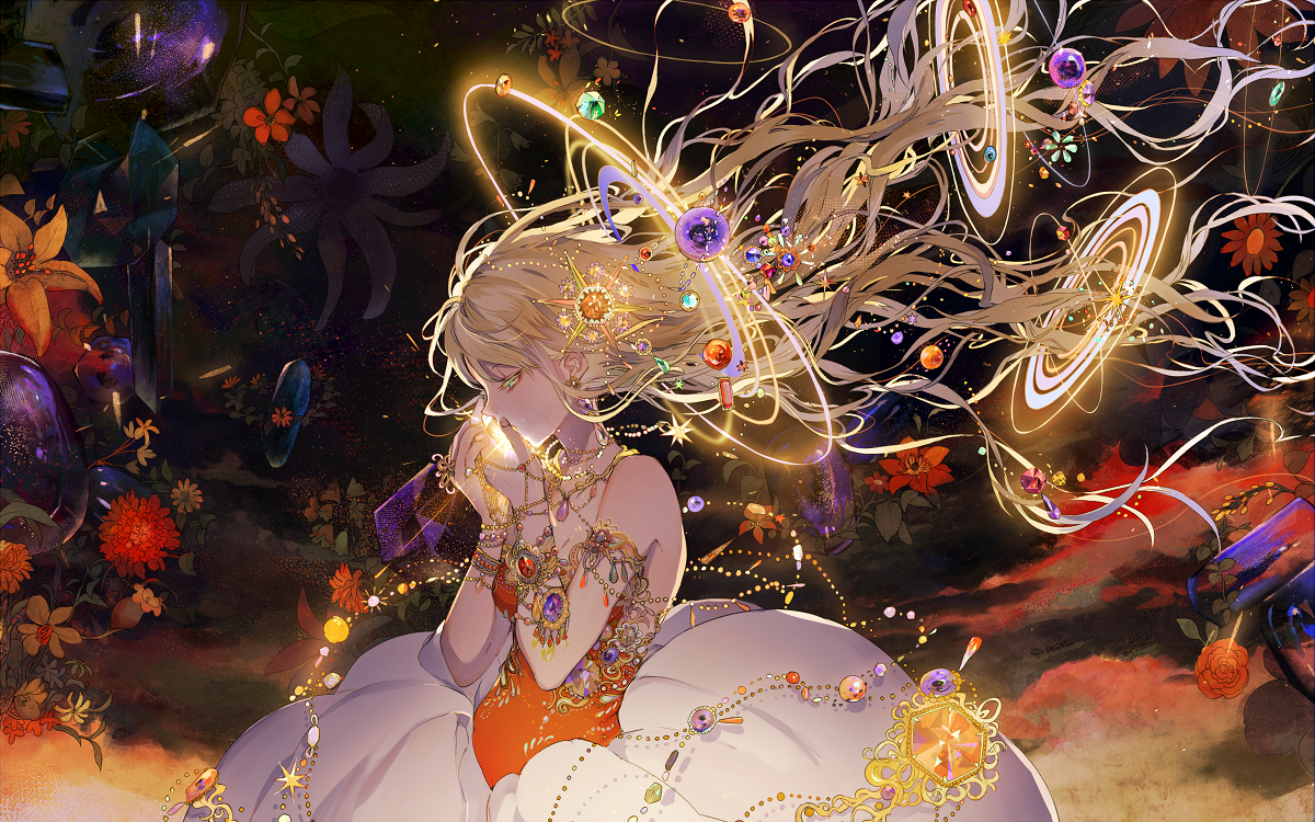 the image is a vibrant digital painting or illustration depicting a beautiful animestyle girl with long blonde hair adorned with intricate golden jewelry and celestial elements. her hair flows like cosmic streams, interwoven with planets, stars, and glittering nebulae, creating a surreal and ethereal atmosphere.  she is wearing a flowing, lightcolored gown over an orange undergarment, and numerous ornate gold necklaces and bracelets encircle her.  she holds a glowing object near her face, radiating a soft golden light. the background is rich with dark tones, accented by vibrant flowers and a swirling cosmic backdrop suggestive of a nebula or galaxy. the overall impression is one of magic, fantasy, and peaceful serenity within a cosmic setting.