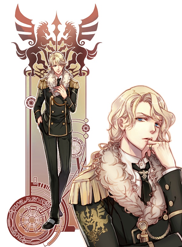 a digital drawing of a handsome, regal, blonde man in a militaryinspired uniform with gold accents.  he is shown in two poses, one fulllength and one closeup. the background is stylized and features a crest with two horses.