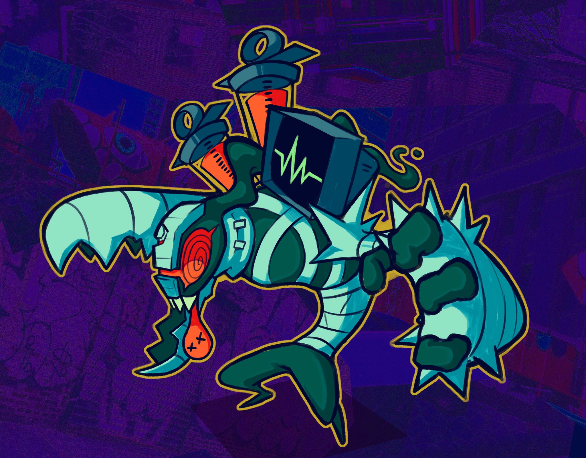 the image features a stylized cartoon monster, possibly robotic, with medical equipment incorporated into its design. it has a teal body with bandages and a gaping mouth with x's for eyes. the monster has a large claw hand and carries a heart rate monitor with syringes on its back. the background is a vibrant purple collage of abstract shapes, adding to the chaotic and dynamic feel.