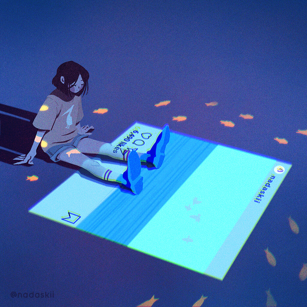 a girl is sitting on a digital phone screen with a lot of likes and comments. it is night time and the screen is lit up, casting a blue glow on the surrounding area. there are also small fish swimming around the screen.
