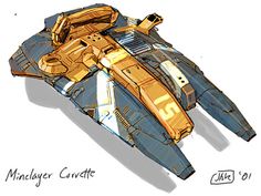 a sketch of a minelayer corvette spaceship design. the spaceship has a distinct, angular design with a primarily blue and tan color scheme. the view is from above, showcasing the ship's top profile and suggestive details like a cockpit and potential weapon systems. the style is loose and suggestive, characteristic of concept art.