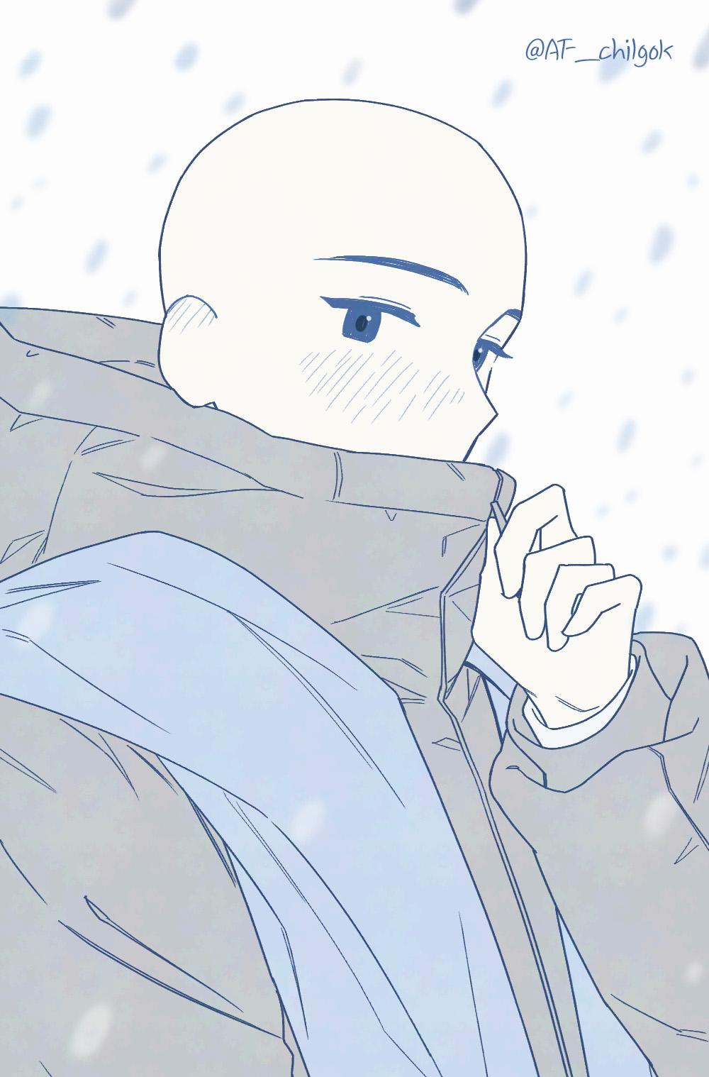 the image is a digital illustration in a minimalist anime/manga style. it depicts a young man, or boy, with a bald head,  wearing a light grey puffer jacket and a light blue scarf.  he is subtly adjusting the collar of his jacket with one hand.  the background is a very light blue with small, sparsely distributed dots suggesting snow.  the overall color palette is very pale and muted, giving a serene and calm feeling. the line art is clean and simple, with soft shading and few details.  the artist's tag, @af_chilgok, is visible in the upper right corner.
