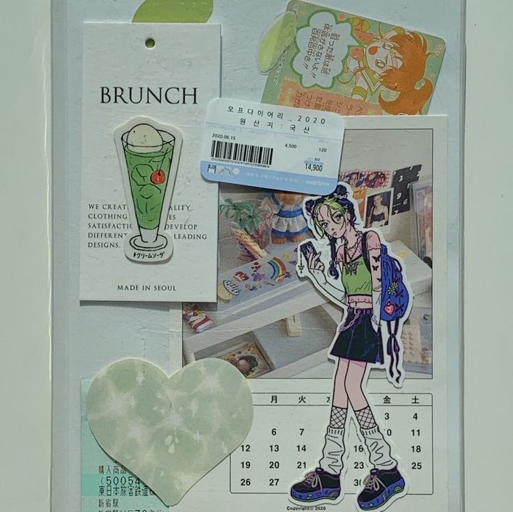 this image shows a closeup of a page from a korean diary. the page features various stickers, including a heartshaped sticker with green marbling, a sticker featuring a girl with green hair, and a sticker of a glass of iced green soda. the page also has a small sticker that says "brunch" and includes the date "june 2020." the background includes a calendar with a light blue and white design.
