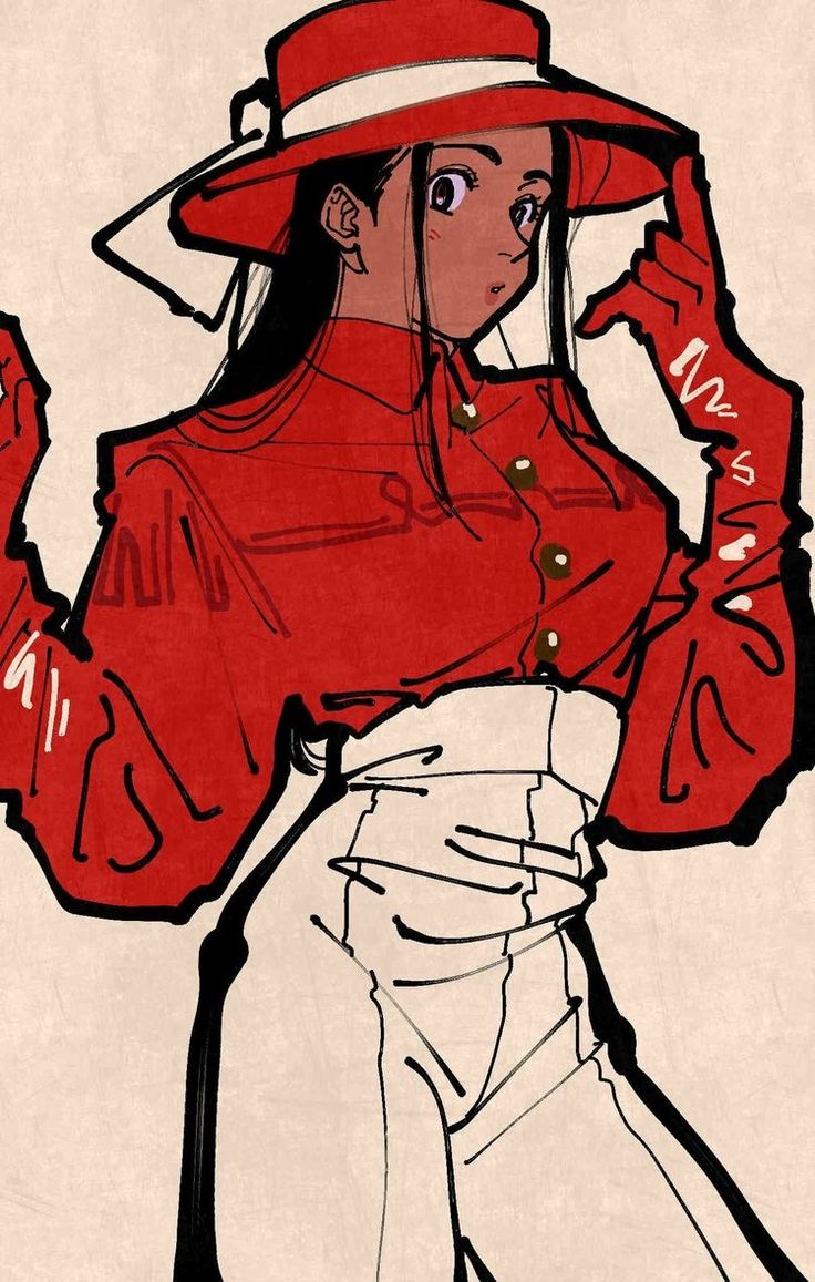 this is a drawing of a woman in a red hat, white pants and red shirt. she is drawn in an anime or manga style. the drawing is very detailed and the woman looks cute and beautiful.  the art is in a sketched style and appears unfinished.