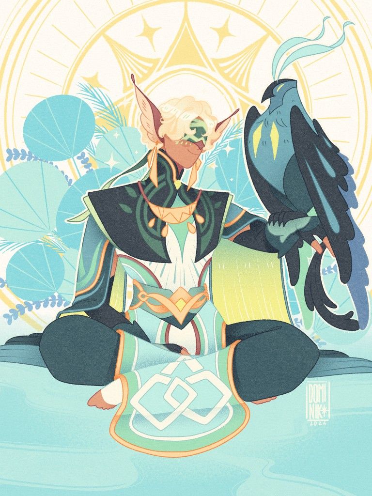 an elf with pale skin, pointed ears, and blond hair sits in a meditative pose.  they are blindfolded and wearing elaborate green and gold clothing with a nature motif. a large, stylized blue bird perches on their left hand. the background is a stylized indoor environment, with a pale blue floor, green leaves and a gold pattern behind the elf.
