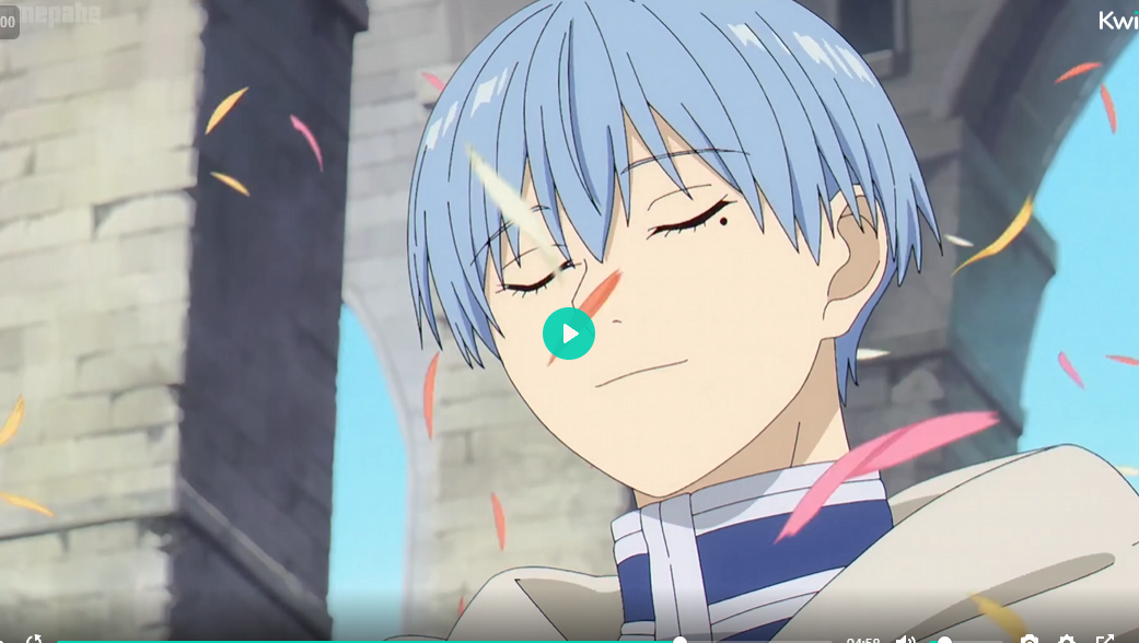 a screenshot from an anime featuring a young man with blue hair and closed eyes, seemingly in a serene state. petals are fluttering around him against a backdrop of a bright blue sky and stone structures.