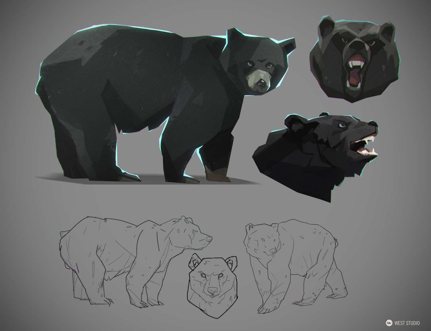 a series of digital illustrations showcasing the design of a stylized black bear. the top row features colored renders of the bear in different poses, while the bottom row presents line art variations of the same. the art style leans towards a lowpoly aesthetic with visible edges and facets. the bear is depicted in various angles and with different expressions, including a side profile, a frontal headshot, and a snarling 3/4 view.