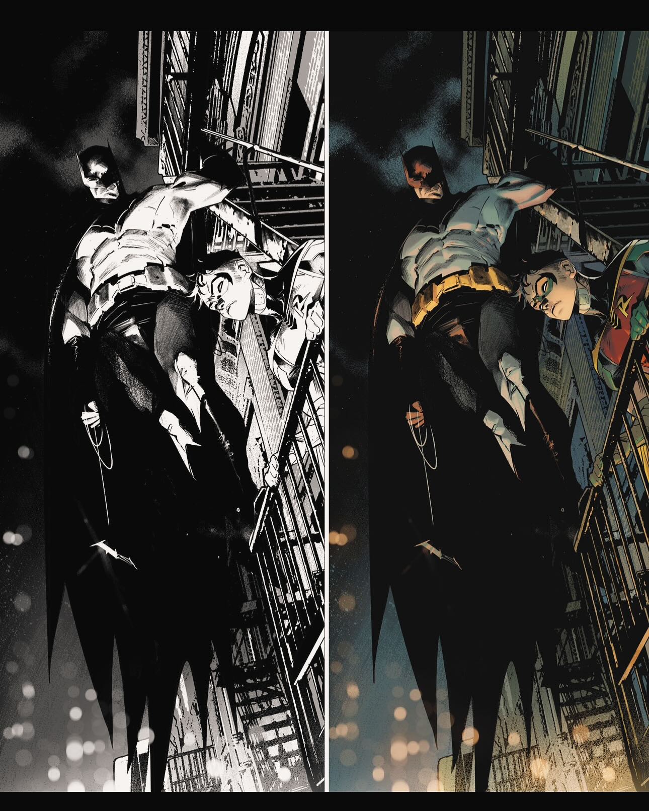 the image shows a sidebyside comparison of a comic book illustration featuring batman and robin. the left panel is in black and white, showcasing detailed linework and shading, while the right panel is the same image colorized with muted tones. batman is depicted in a dynamic pose, appearing to swing or jump between buildings, with robin at his side. they are both wearing their respective costumes, and the background includes a cityscape with detailed buildings and a night sky with out of focus lights.