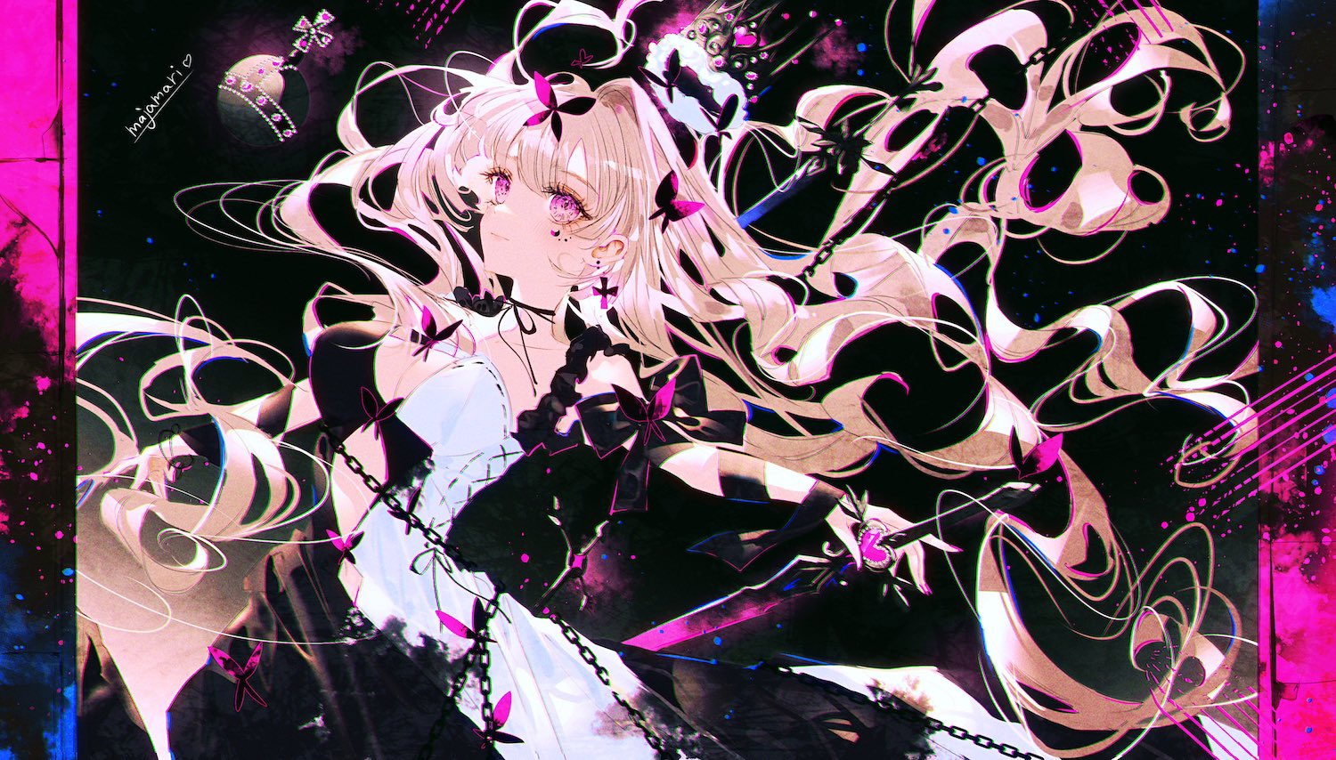 an anime girl with pink hair and a black and white dress decorated with pink ribbons stands against a black background decorated with pink and purple splash. she has a pink butterfly hair clip on each side of her head and on her chest.  she's also wearing black lace gloves. chains are surrounding her dress.