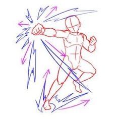 a dynamic sketch of a man throwing a punch with stylized energy effects drawn around his fist and body. the style is reminiscent of manga or comic book art, emphasizing movement and impact.  the figure is drawn in a simplified anatomical style common to concept art and gesture drawing.