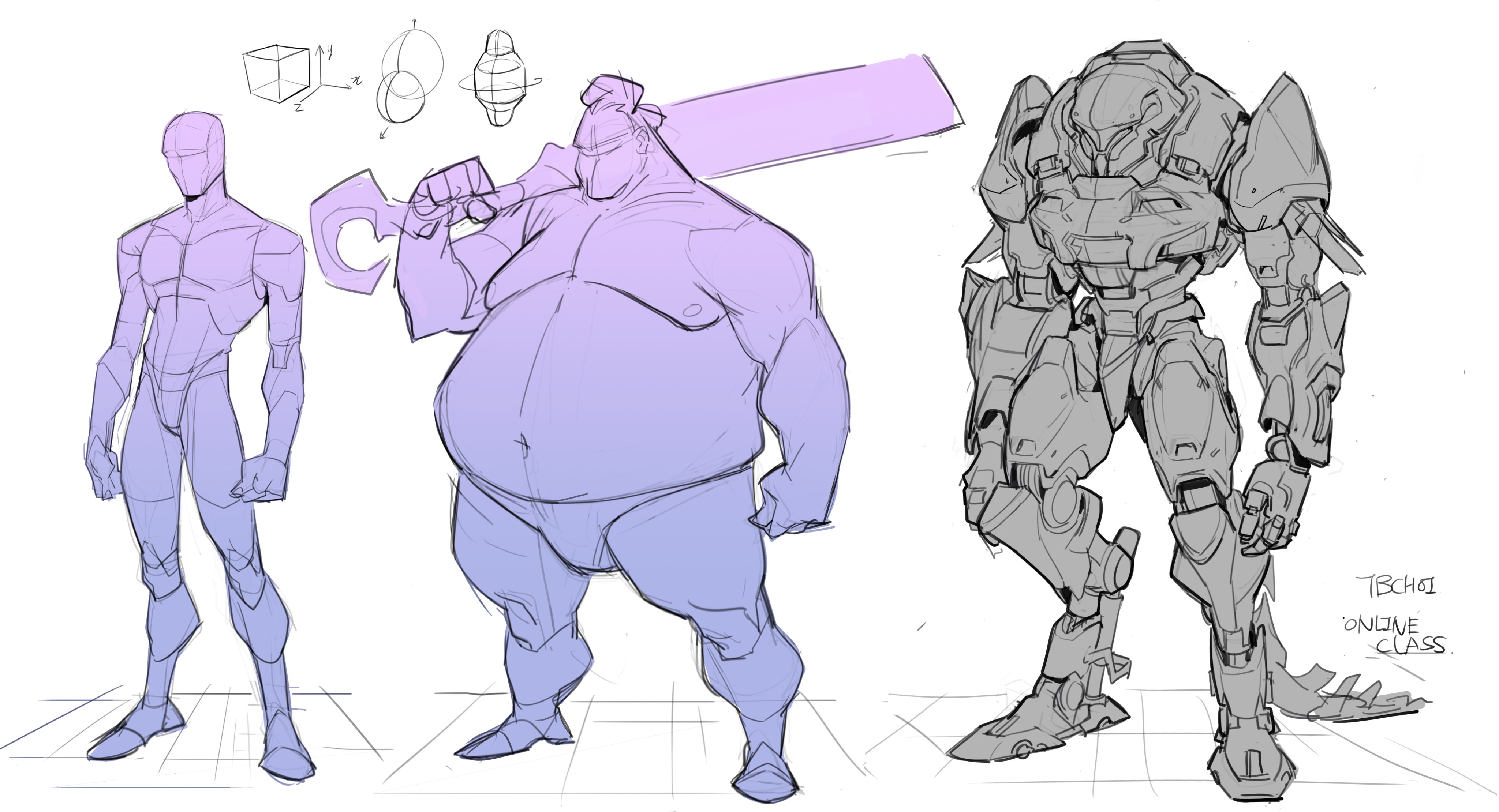 the image showcases a collection of character design sketches. on the left is a study of basic human anatomy with a stylized male figure.  next to it is a sketch of a large, stout character wielding a large blade, showcasing a contrasting body type. on the far right, a detailed sketch of a powerful mecha or robot is featured, demonstrating mechanical design elements.  the overall style is loose and dynamic, suggestive of concept art for video games or animation.  simple geometric shapes are included above the human figure as guides for perspective and form.  the artist's signature "tbchoi online class" is visible in the bottom right corner, indicating the sketches might be from an online art course. the colour palette is limited to grayscale for the mecha and purples for the human characters.