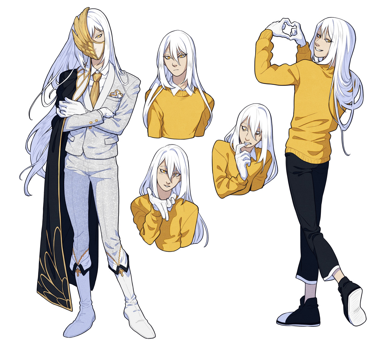 this image showcases concept art of a male character with white hair. he is depicted in various poses and expressions, both in formal attire (a white suit with gold accents and a mask) and casual wear (a yellow sweater and black pants). the style is reminiscent of anime and manga.