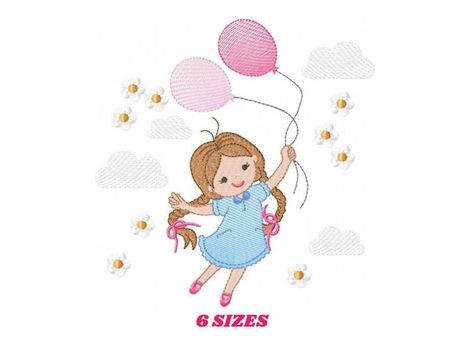 this image is a digital embroidery design of a little girl flying with balloons. she has a pink bow in her hair and is holding two pink balloons in her hands. she is wearing a blue dress and is smiling. the background is a light blue sky with white clouds and daisies. this design is perfect for making personalized clothing, gifts, or home decor.