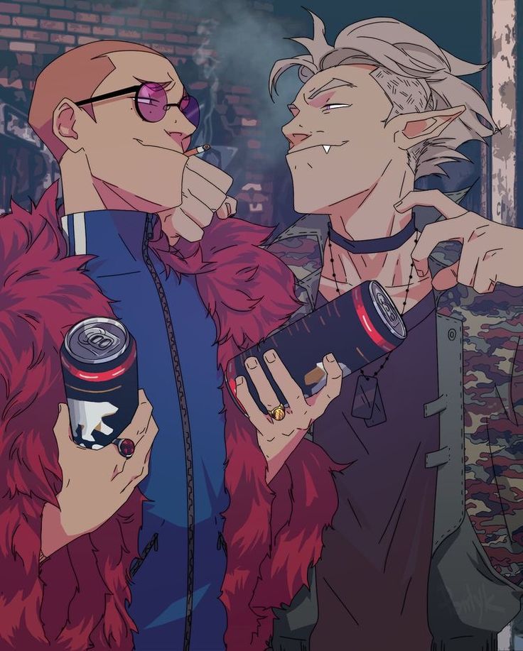the illustration showcases two male characters, styled in an anime/fanart aesthetic.  they appear to be friends, standing close together in what looks like a dimly lit urban alleyway at night. one character sports a red fur coat and sunglasses, holding a can of what appears to be an energy drink. he's smoking a cigarette.  the other character wears a camouflage jacket and has elflike ears and fangs, also holding an energy drink. both display a confident and slightly mischievous demeanor. the overall style is punk/edgy, with a focus on sharp lines and vibrant colors. the image is a closeup portrait of the two characters, emphasizing their expressions and clothing.