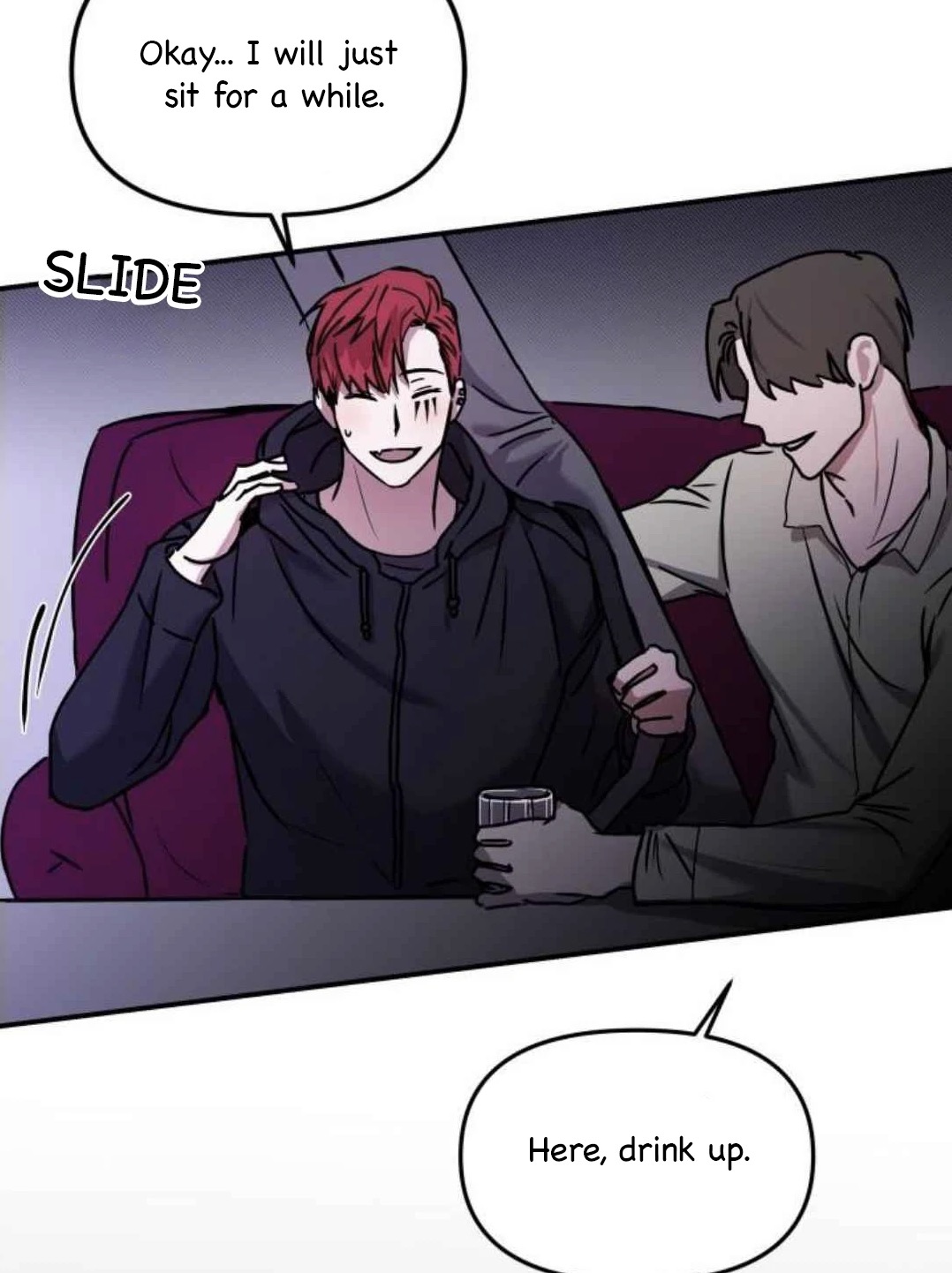 he image is a panel from a manhwa (korean comic) or webtoon. it depicts two men in a barlike setting. one man, with red hair, is wearing a dark hoodie, and the other man, with dark hair, is wearing a lightercolored shirt. the redhaired man is sitting and the darkhaired man is partially behind him, handing him a drink.  the scene is intimate and casual.  speech bubbles indicate conversation. the overall tone is relaxed and comfortable.