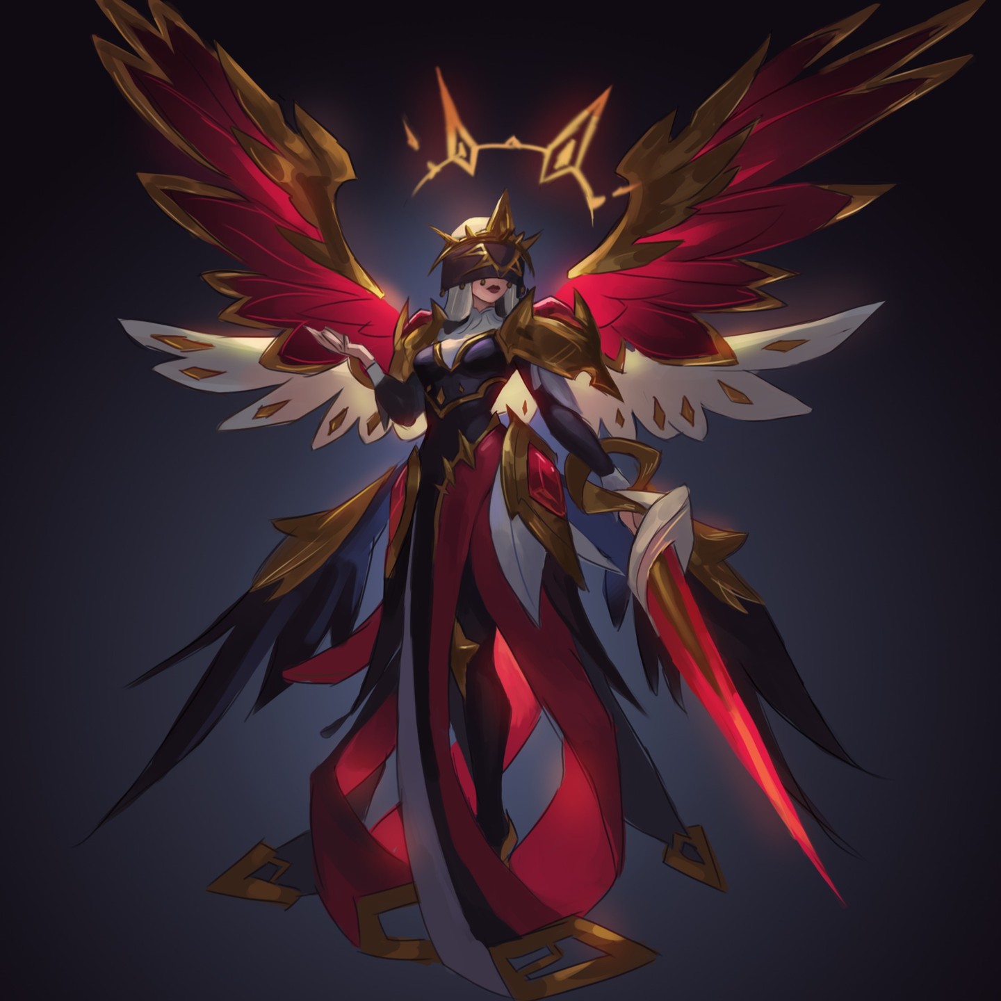 the image showcases a digital painting of a powerful female angel or goddesslike character.  she's adorned in elaborate, ornate armor in shades of red and gold, with large, dramatic wings that are primarily red with gold detailing.  the wings have a feathered texture and spread wide behind her.  the character is partially veiled or blindfolded, with a crownlike halo above her head. she holds a glowing red sword and her overall posture and attire project power and elegance. the background is dark, allowing the character to stand out brilliantly. the style suggests a concept art piece, potentially for a video game or fantasy novel. the art is highly detailed and demonstrates skillful use of light and shadow.
