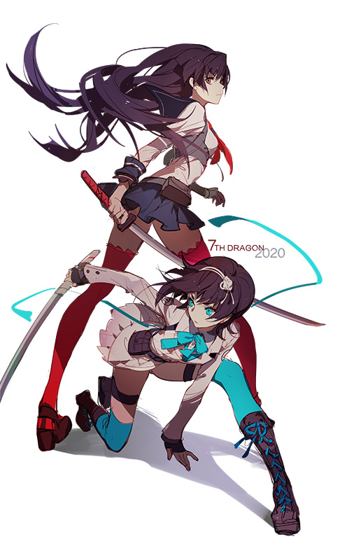 two female anime characters are posing back to back with a sword in their hands.  the background is plain white. "7th dragon 2020" is written on the image, indicating it may be promotional art for a game.