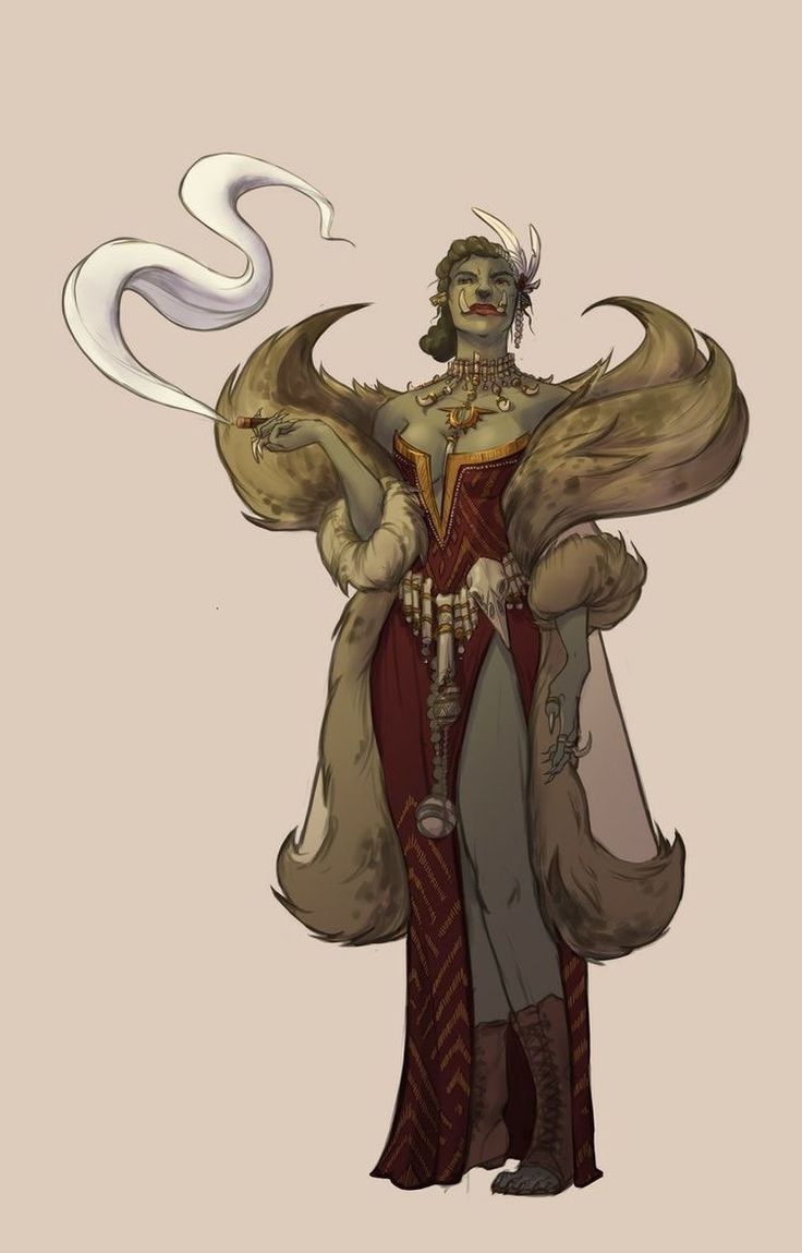 an illustration of an orc woman dressed in a red, floorlength dress and a large fur coat. she is wearing ornate jewelry around her neck and waist. she holds a cigarette holder in her hand, from which smoke curls upwards. a feather is pinned to her hair. the orc stands tall, looking confident.