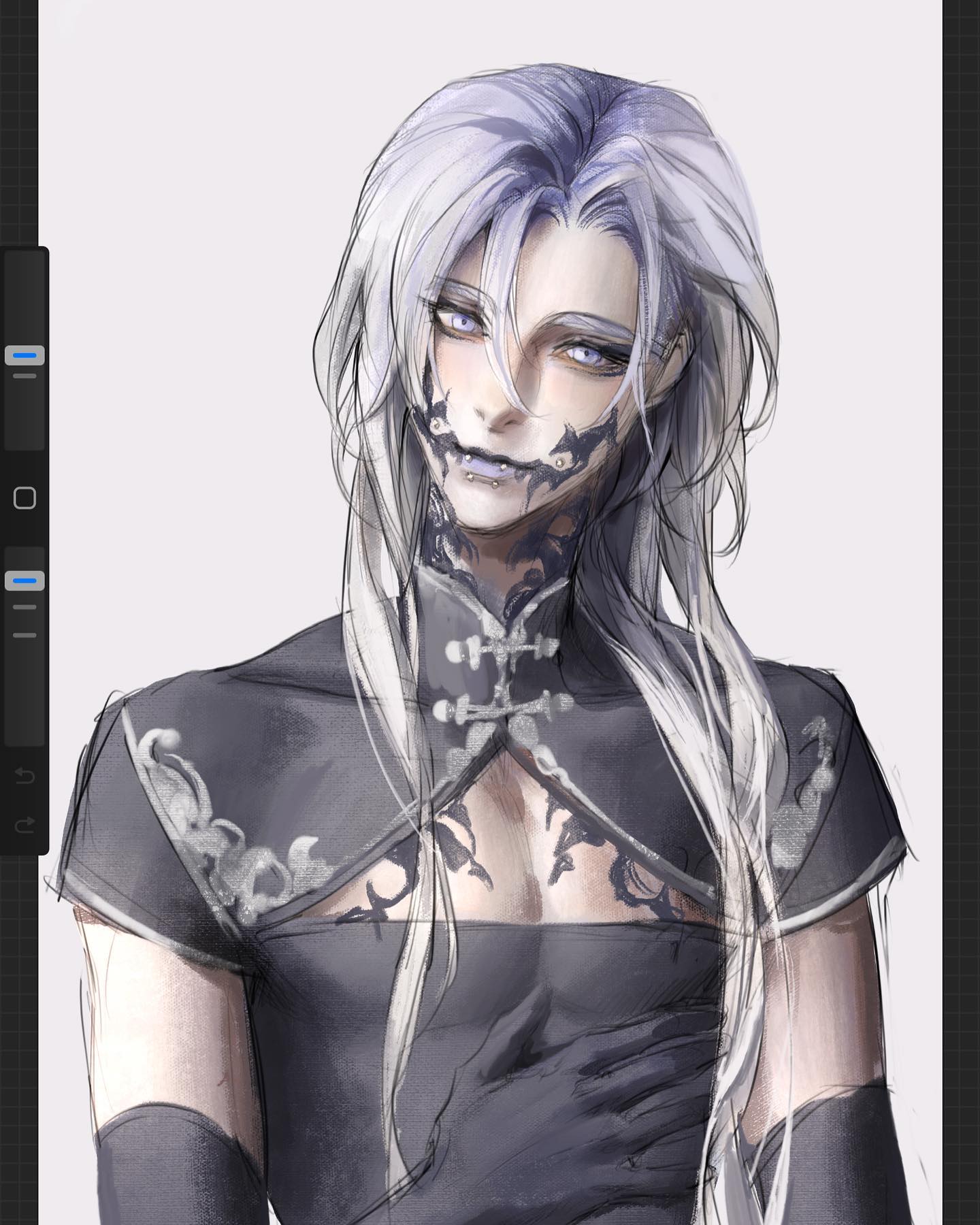 a digital portrait showcasing a male character with long, flowing white hair. he possesses striking blue eyes and a confident smirk.  his attire consists of an elaborate, dark, and somewhat revealing garment adorned with intricate, silver patterns. he also wears long gloves. the background is a simple, offwhite hue, keeping the focus on the character.