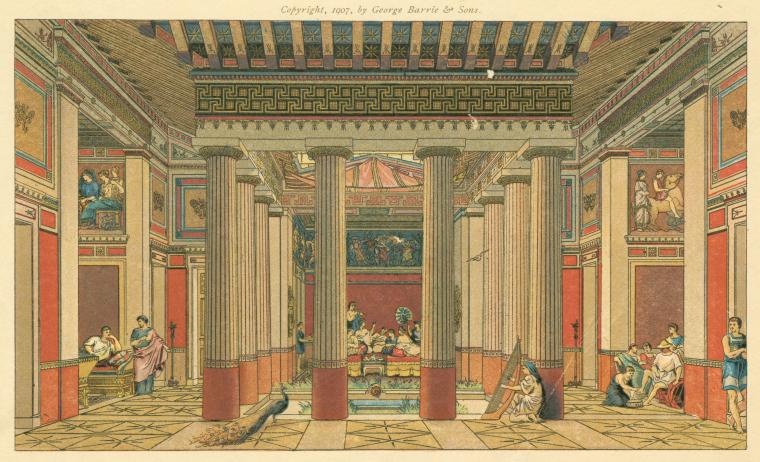 the image depicts a detailed illustration of an ancient roman interior, showcasing architectural elements such as columns, frescoes, and a mosaic floor. various people are present, including individuals playing a harp, lounging, and engaging in daily activities. a peacock is prominently featured in the foreground. the style is reminiscent of classical renderings of ancient civilizations. the text "copyright, 1907, by george barrie & sons." appears at the top.