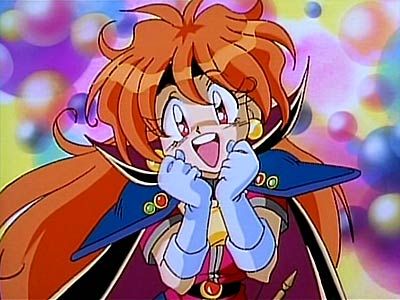 the image shows lina inverse from the anime series slayers. she is depicted with her signature orange hair, smiling widely, and wearing gloves and a cape. the background is colorful and filled with swirling patterns, suggesting a magical setting.