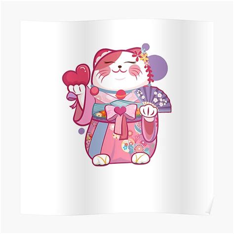 the image is a poster featuring a cute, cartoonstyle manekineko (lucky cat) dressed in a pink kimono. the cat is holding a heart and a fan.  the overall style is kawaii (cute) and incorporates elements of traditional japanese design. the color palette is predominantly pink, purple, and white. the background is simple and white to highlight the cat.