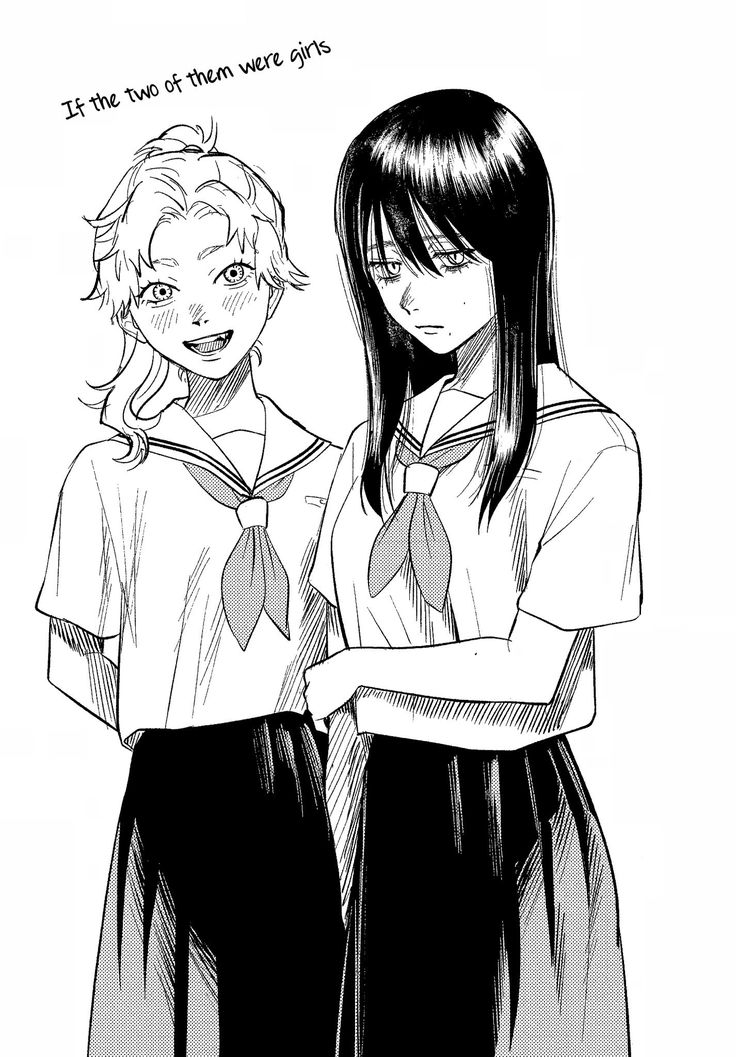 a black and white mangastyle illustration of two girls in school uniforms. one has long black hair and the other has shoulderlength blonde hair. they are standing close to each other, with the blondehaired girl slightly behind the other. the text at the top reads, "if the two of them were girls."