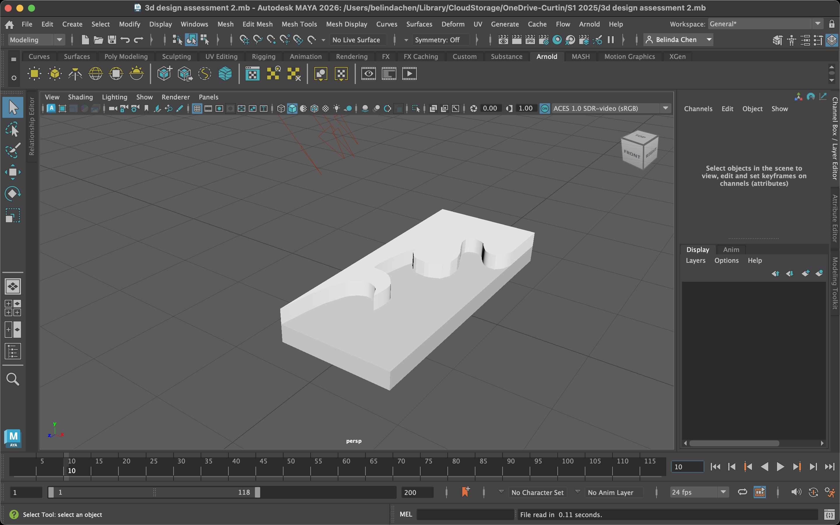 the image is a screenshot of the autodesk maya 2026 software interface, showcasing a 3d modeling workspace. in the viewport, there's a white, elongated, geometric object with curved cutouts. the interface includes various toolbars at the top, the relationship editor on the left, channel box/layer editor on the right, and a timeline at the bottom, indicating animation capabilities. the perspective view is selected, and the file path indicates that the project is saved in a specific directory under a user's cloud storage. the scene appears to be set for rendering or animation, with aces 1.0 sdrvideo (srgb) color management selected.