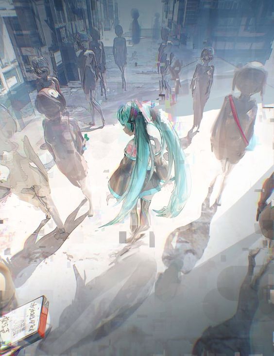 the image features hatsune miku, a turquoisehaired anime girl, standing in the middle of a crowded, futuristic city street. the perspective is from a low angle, making miku appear taller and the buildings seem to tower above. the crowd around her is rendered in muted colors, while miku herself is vibrant and detailed. the overall atmosphere is ethereal and dreamlike, with soft, diffused lighting that casts long shadows.
