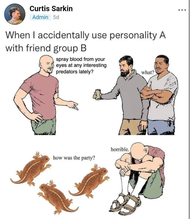 the image is a meme that shows a person using "personality a" with "friend group b" and asking if they have seen any interesting predators who spray blood from their eyes, followed by a reaction of confusion from the friends. below that, there are three horned lizards asking "how was the party?" and a person in sandals sitting with their head in their hands and responding "horrible." the meme's message is about feeling awkward after behaving differently than expected in a social situation.