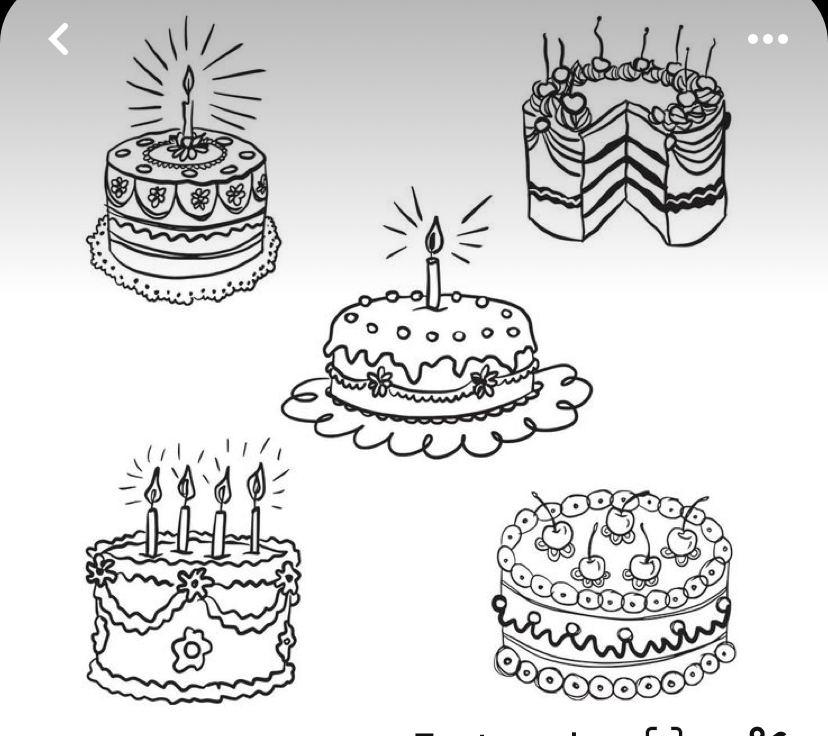 this is a black and white drawing of five cakes with different designs and decorations. each cake has a different style, with some having candles and others having cherries. the cakes are drawn in an outline style, and the drawing is done in a handdrawn style.