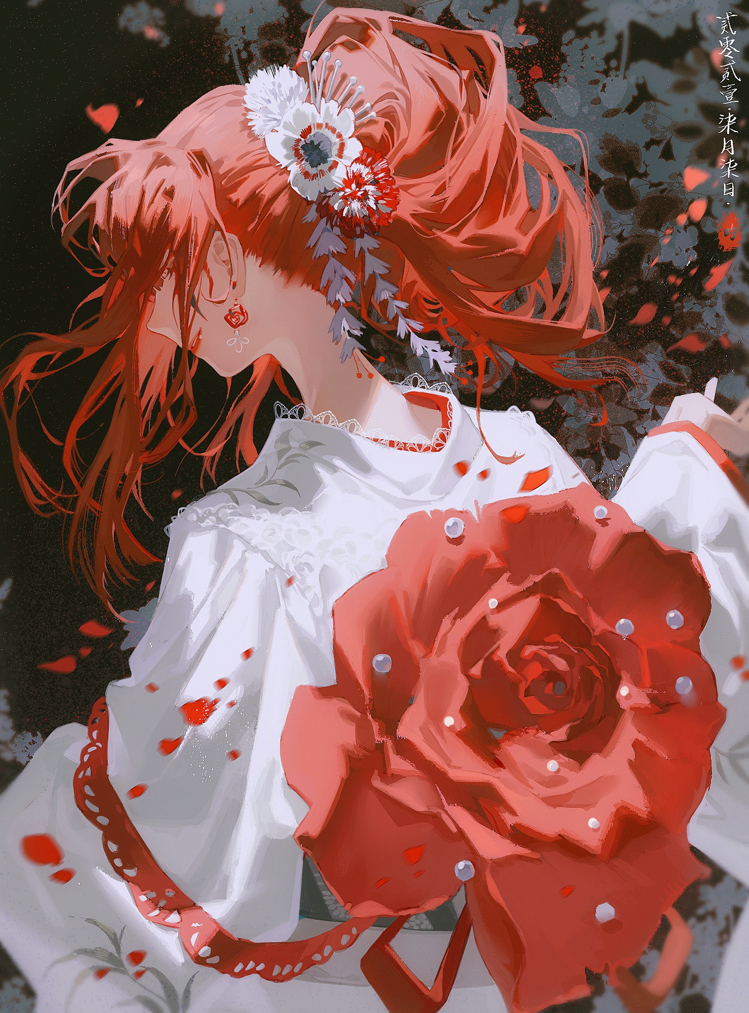 the image features a beautiful anime girl with long, flowing red hair. she is wearing a white kimono with delicate lace trim, and a large red rose adorns her outfit. the girl's face is obscured by her hair, and she is looking down at the rose with a gentle smile. the background is a soft blur of red and white, creating a romantic and dreamy atmosphere. the overall impression of the image is one of beauty, grace, and delicate femininity.