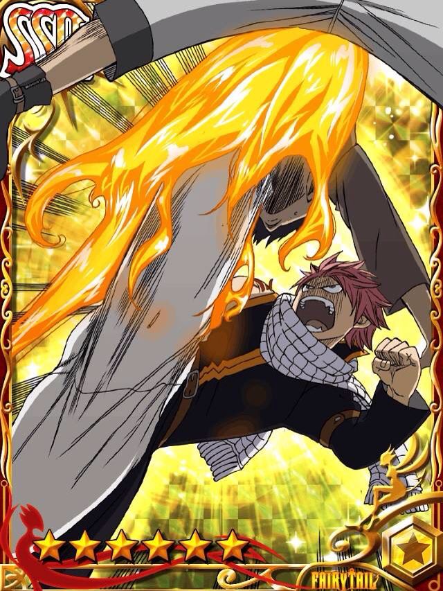 the image shows natsu dragneel from the anime and manga series fairy tail. he is in a fight with another character, and he is using his fire magic to attack. the background is a bright yellow and gold color, and there are many special effects like the flames of the fire and the glowing aura around natsu, which makes the scene look very exciting and dynamic. the image is drawn in a style that is typical of anime and manga, with exaggerated features and expressive lines. the characters are drawn in a very dynamic way, with their bodies and hair flowing in the wind. the overall image is very colorful and exciting.