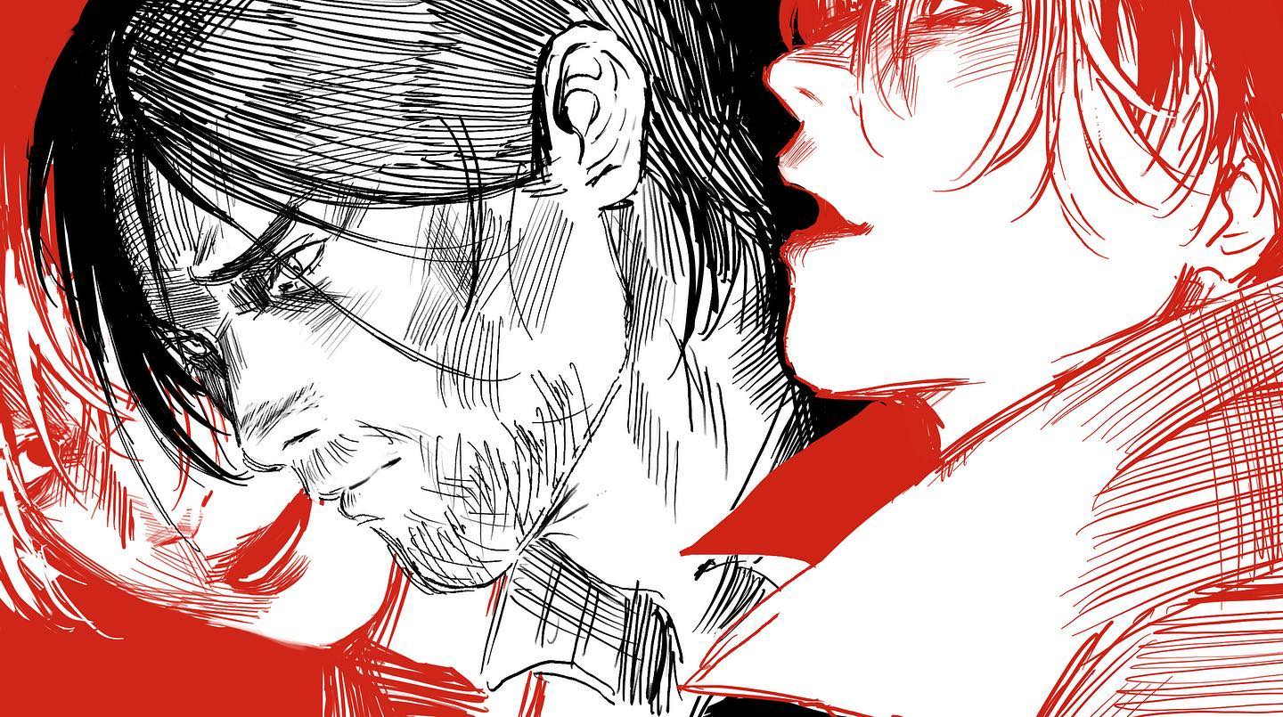 a stylized black and white illustration shows the faces of two men against a red background. both faces are drawn in profile and turned toward each other, as if in the midst of a tense conversation. the man on the left has dark hair and a beard. the man on the right has lighter hair. the art style emphasizes bold lines and shadow, with crosshatching used to create depth.
