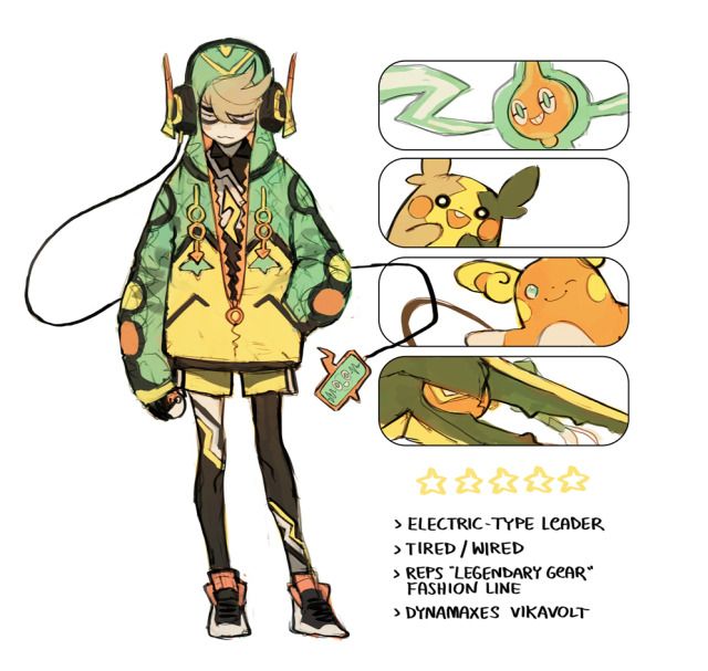 he image is a character design illustration of a pokémon trainer, styled after vikavolt's dynamax form.  the trainer is a young person wearing a vibrant yellow and green hoodie with accents reminiscent of vikavolt's design. the clothing style is described as streetwear influenced by a "legendary gear" fashion line. the character has headphones, and a device suggesting a pokédex or other ingame item is on their hip.  smaller panels alongside the main character showcase various forms of vikavolt, highlighting its electrictype nature.  the text below gives further character details, identifying the trainer as an electrictype leader and mentions the tired/wired aspects of their personality.  the overall style is reminiscent of anime and manga character art, with a focus on bold colors and dynamic poses.