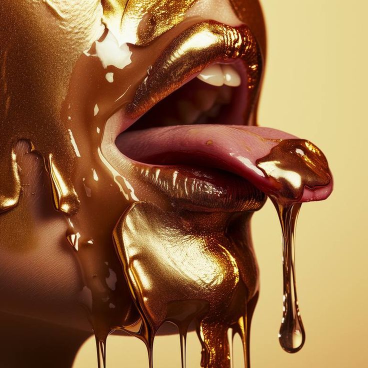 the image is a closeup shot of a woman's mouth and face partially covered in a thick, dripping, golden substance that resembles honey or molten gold. the lips are painted a matching metallic gold, and the tongue is also coated with the substance. the gold is glossy and appears viscous, flowing down the face and chin. the overall aesthetic is sensual, luxurious, and somewhat abstract. the background is a muted, pale goldorange. the image’s focus is the texture and sheen of the gold against the skin's tones.