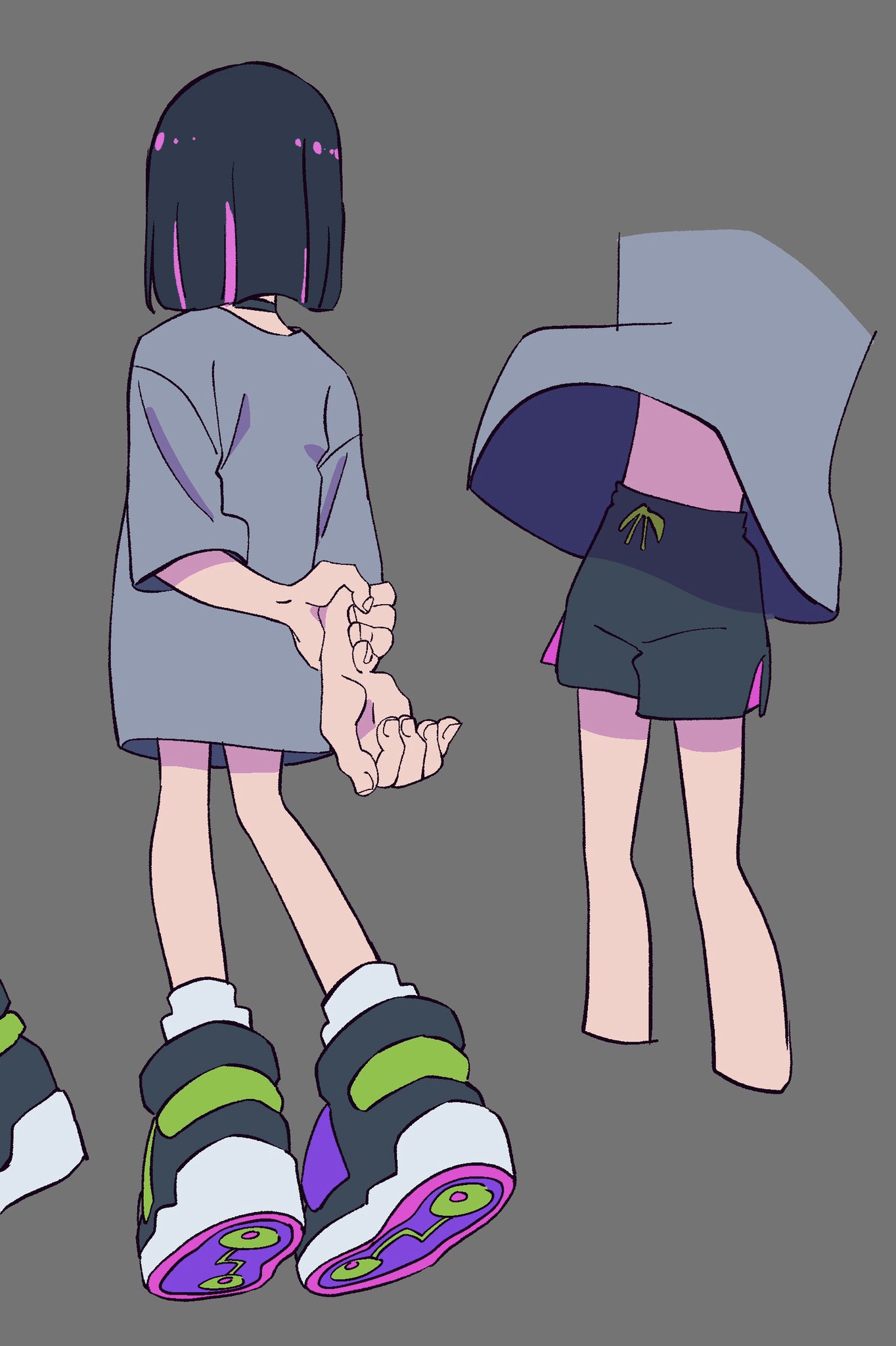 a threequarter and back view character design turnaround of a girl wearing a gray tshirt, dark gray athletic shorts, white socks, and green, white, and purple sneakers. she has short black hair with purple streaks. the style is reminiscent of cartoons and graphic novels.  the background is gray.