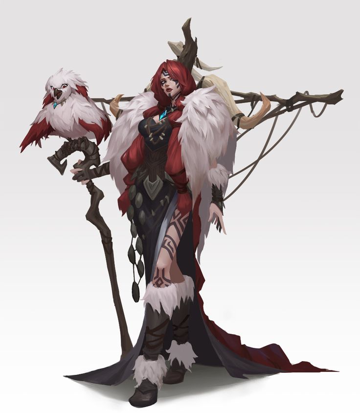 the image is a digital painting of a fantasy female character, possibly a shaman or sorceress. she has long red hair,  wears a long dark dress adorned with tribalstyle tattoos, and a large white fur stole or cloak.  she carries a staff topped with an owl, and the staff appears to be made of wood and bone. her attire suggests a cold climate, with fur boots and detailing. antlers or horns are incorporated into her headwear, adding to her mystical and powerful appearance.  the overall style is dark fantasy, with a focus on detail and atmosphere. the background is a simple, light gray, allowing the character to stand out prominently.