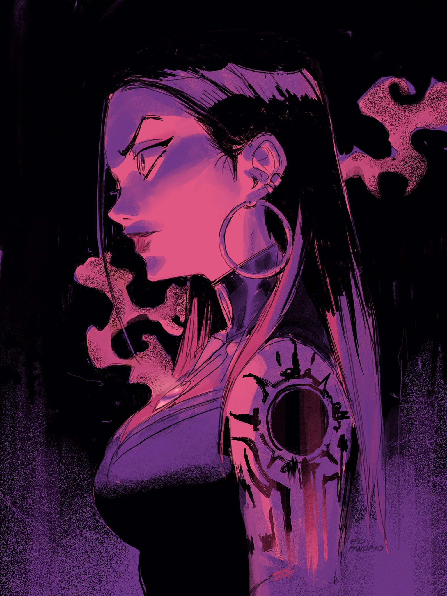 the image is a stylized digital illustration or painting of a young woman. she's depicted in profile, her face and body partially illuminated in contrasting shades of neon pink and purple against a dark background. her long dark hair flows behind her.  she wears large hoop earrings and has a noticeable, dark tattoo resembling a sun or circular symbol on her upper arm. the style is reminiscent of anime or manga, with a cyberpunk or futuristic edge. the background has a smoky or flamelike texture in shades of dark purple and black. the overall mood is dramatic, intense, and slightly mysterious. the artist's signature is subtly placed in the bottom right corner.