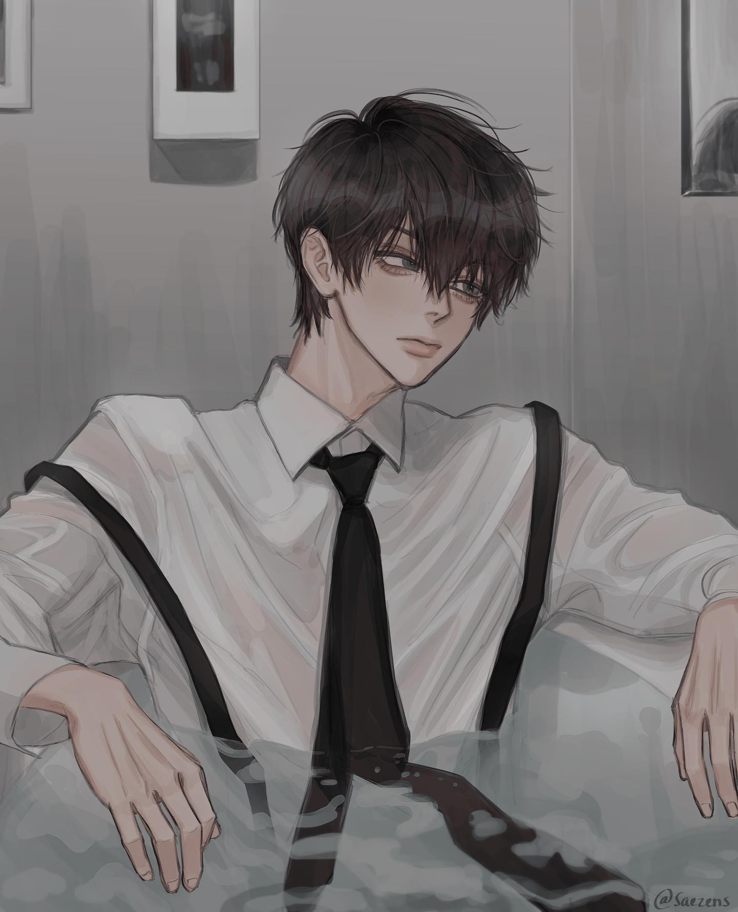 the image is a digital painting or illustration depicting a young animestyle male character.  he has dark, slightly messy hair and is wearing a white, semisheer dress shirt, a dark tie, and suspenders. the shirt appears damp or wet, and he seems to be submerged up to his chest in water, possibly a bathtub. the overall color palette is muted, mostly greys and whites, creating a somewhat melancholic and mysterious atmosphere. the style is sleek and refined, focusing on the character's expression and posture which suggest contemplation or pensiveness. the artist's tag, @saezens, is visible in the bottom right corner.