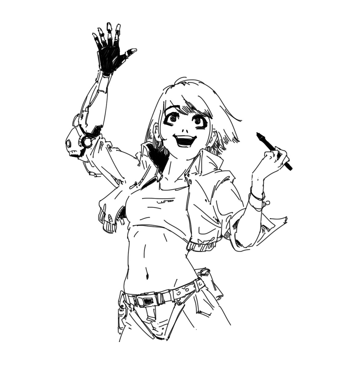 the image is a dynamic black and white line drawing of an animestyle girl. she's depicted with a cheerful expression, one arm raised in the air, and the other holding a pen or stylus, suggesting artistic activity.  a notable feature is her robotic or prosthetic left arm, adding a futuristic element to her design.  her clothing is casual and slightly loosefitting, enhancing the energetic feel of the artwork. the style is reminiscent of manga and anime, with bold lines and expressive features.  the overall impression is one of youthful excitement and creative energy.