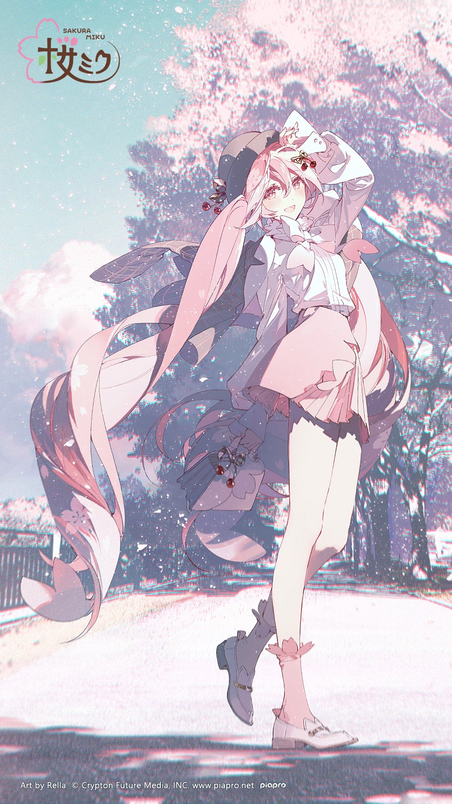 illustration of sakura miku, an anime girl with long pink hair, wearing a dress and hat, surrounded by cherry blossoms. the artwork is credited to rella.