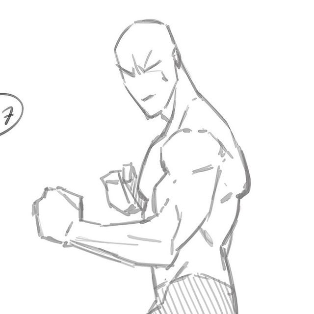 a rough sketch of a muscular man in a fighting pose with his fist clenched. the drawing is done in grey tones and is focused on the male figure's physique. the sketch appears to be a preliminary draft with some lines being more pronounced than others. the figure is seen from the side, with the left arm in the foreground, and the right arm behind the body. the man's face is partially obscured by the shadow of his forehead.