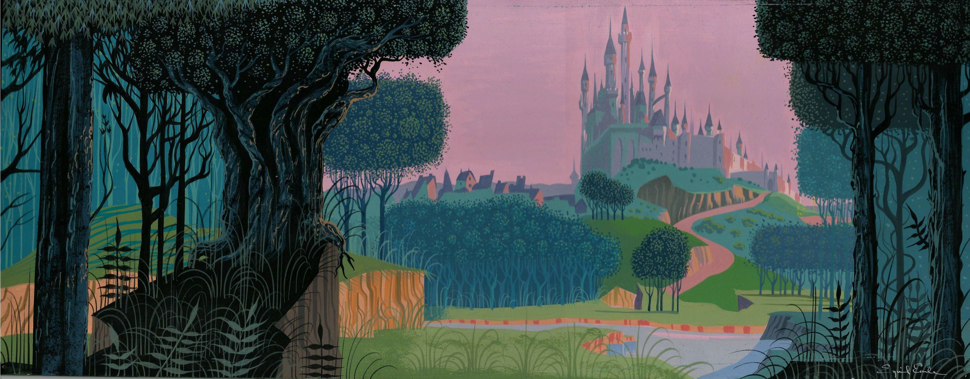 this whimsical image shows a distant castle set against a sunset sky.  the scene takes place in a lush forest with a river running through it. a winding road leads through the forest towards the castle and a small town nestled at the foot of the castle. the overall feel is magical and enchanting, like something out of a fairytale.